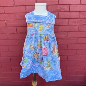 Vintage Nursery Dress Toddler Size 2T Rhyme Character Print Sleeveless Blue Pink